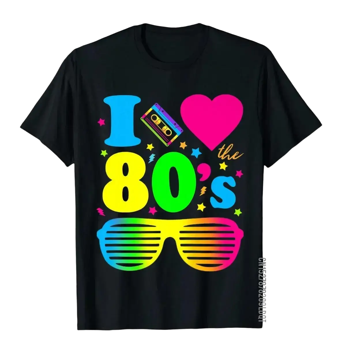 Black cotton t shirt featuring a vibrant retro 80s graphic with neon icons for vintage party and retro 80s men