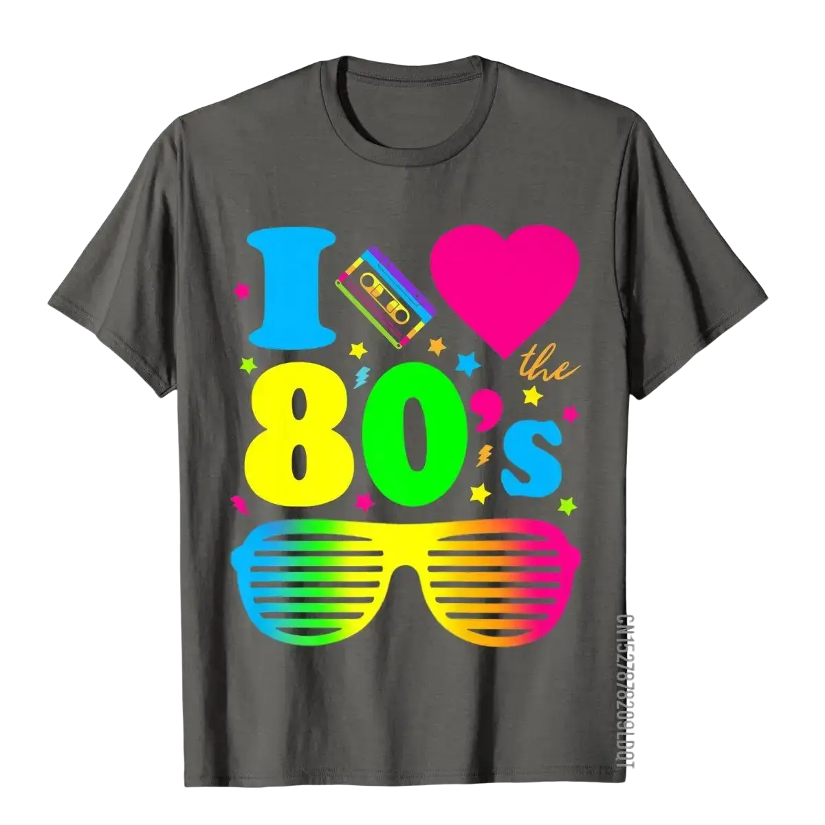 Dark gray cotton t shirt with vibrant rainbow i heart the 80s graphic featuring sunglasses and cassette tape retro design