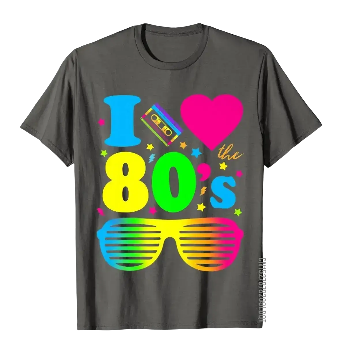 Dark gray cotton t shirt with vibrant i love the 80s graphic featuring rainbow sunglasses and cassette tape retro 80s men vintage party