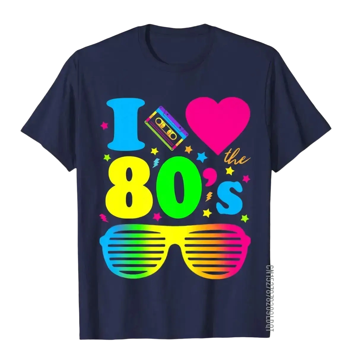 Navy blue cotton retro 80s men t shirt with vibrant neon 80s-themed graphic for vintage party wear