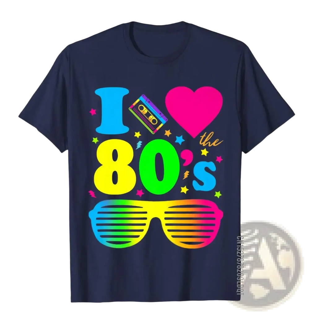 Navy blue cotton retro 80s men t shirt with vibrant neon cassette tape heart and rainbow striped sunglasses design