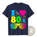 Navy blue cotton retro 80s men t shirt with vibrant neon cassette tape heart and rainbow striped sunglasses design