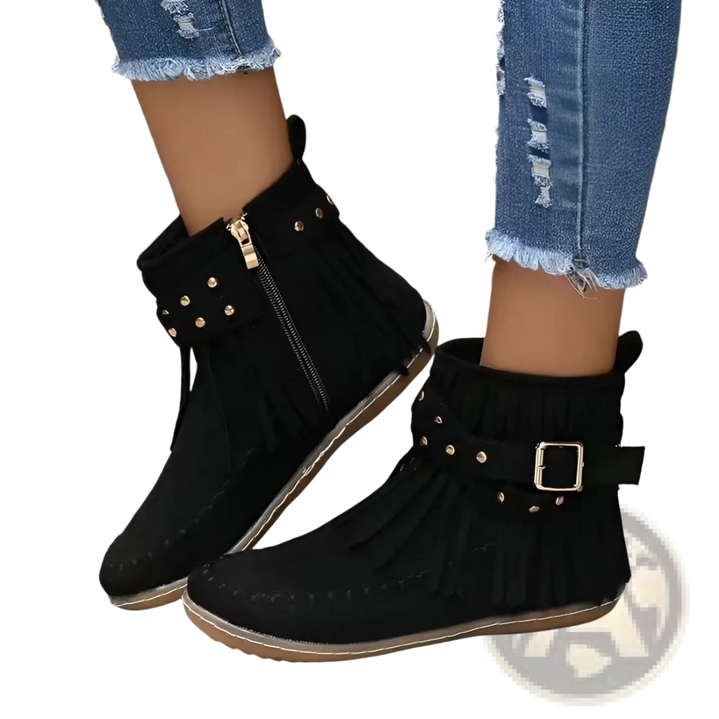 Black suede retro ankle boots with fringe detailing gold-tone studs and buckle strap flat shoes