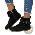 Black suede retro ankle boots with fringe detailing gold-tone studs and buckle strap flat shoes