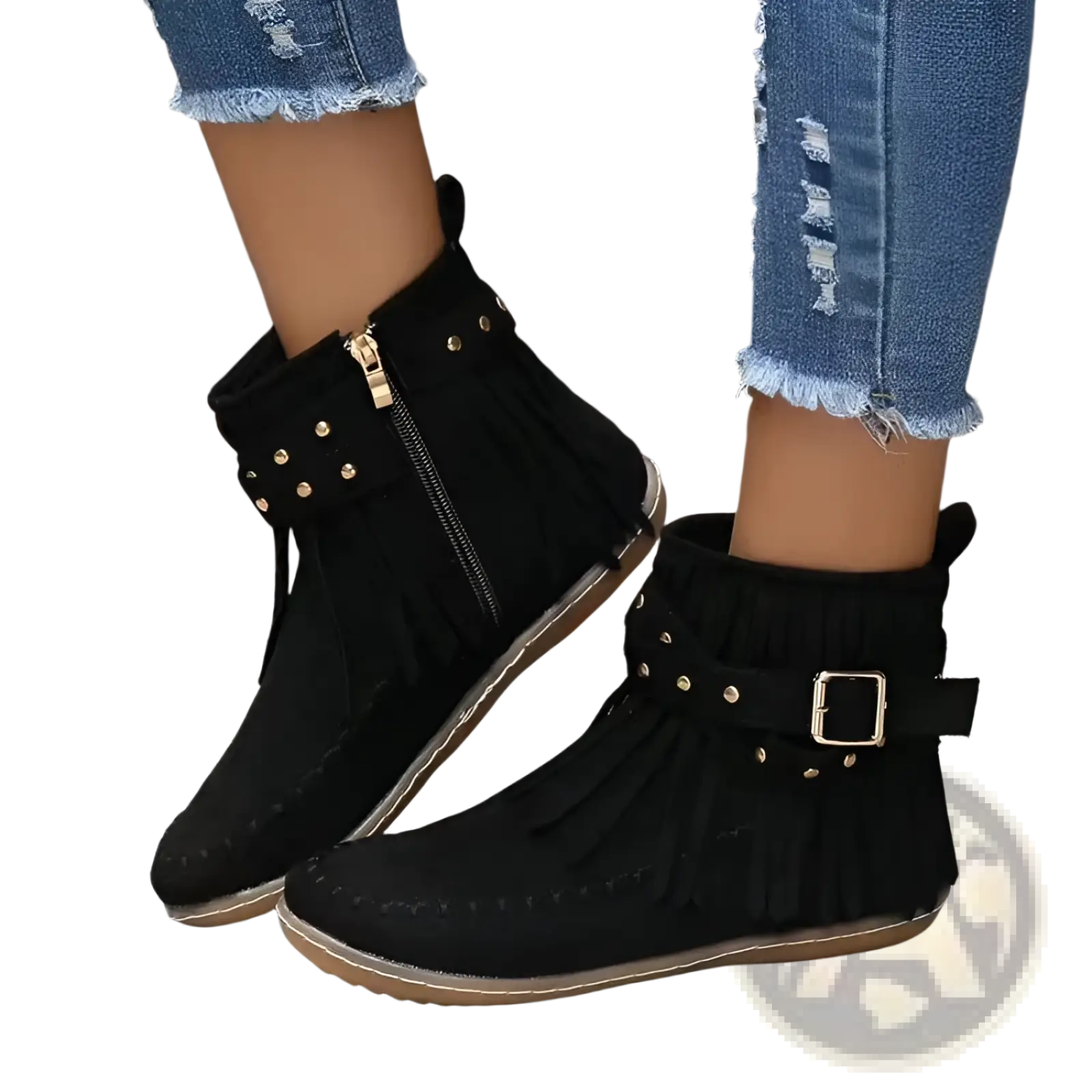 Black suede retro ankle boots with fringe detailing gold-tone studs and buckle strap flat shoes