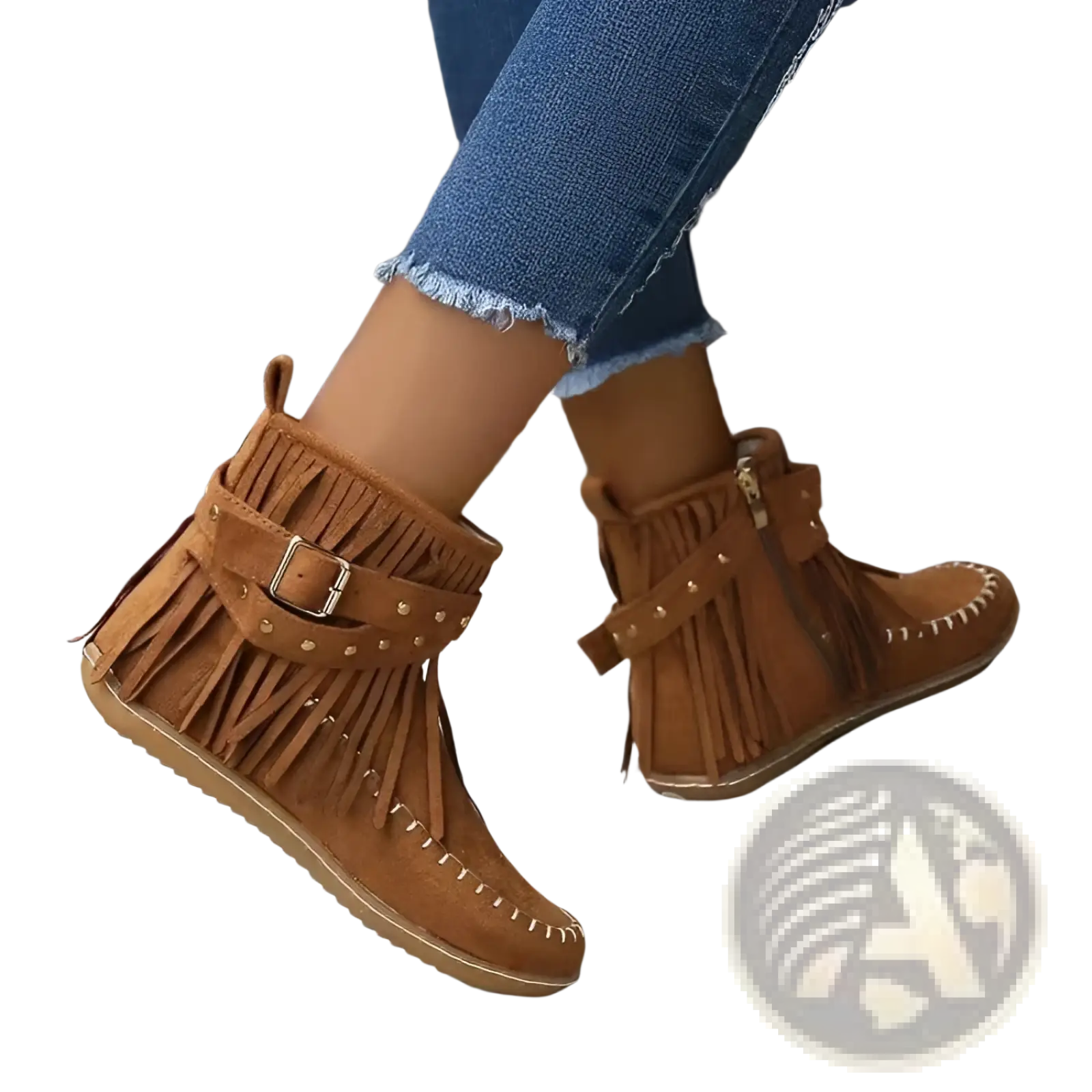 Tan suede retro ankle boots with fringe tassel, buckle, and studded strap flat shoes displayed from the back side
