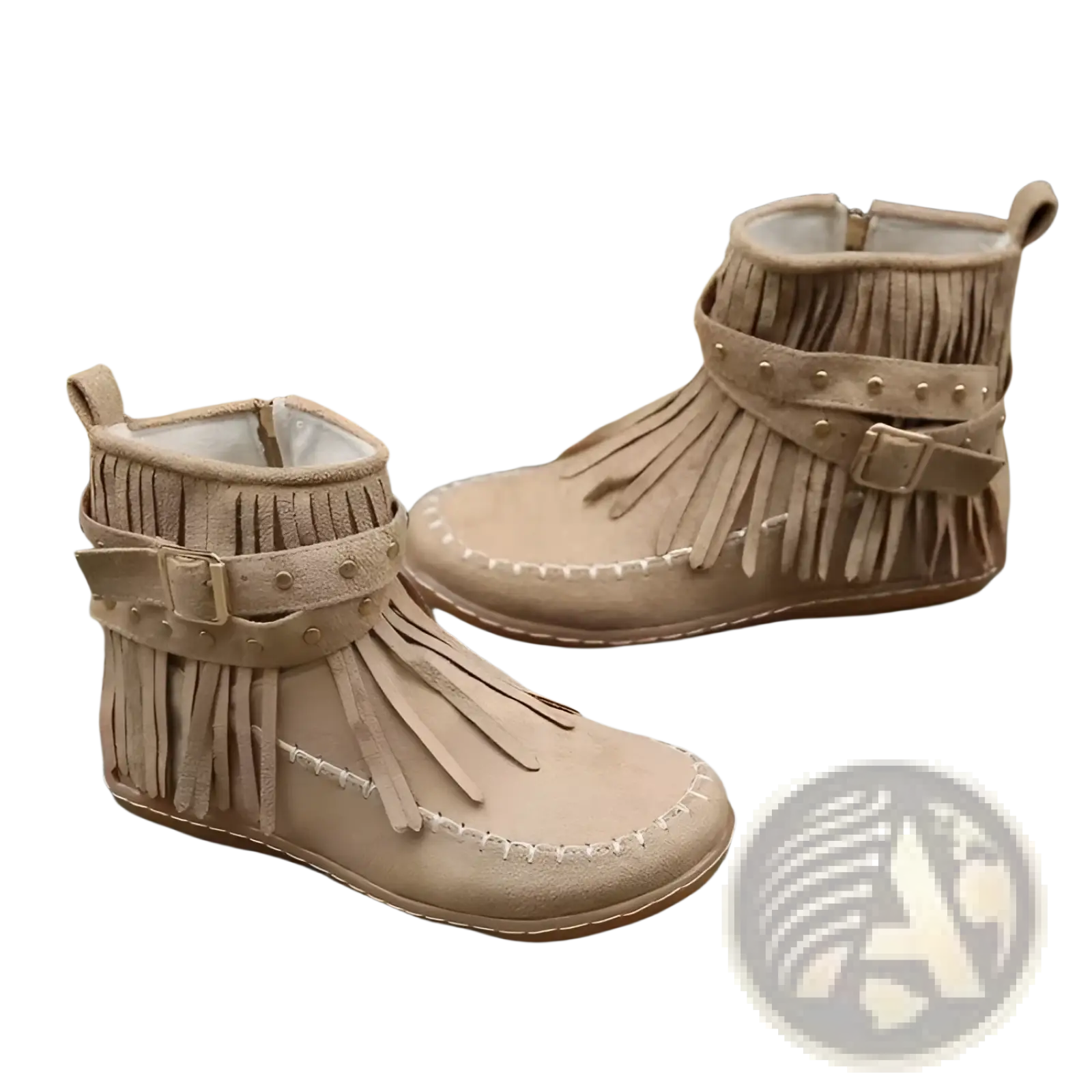 Retro ankle boots in tan suede with fringe, adjustable buckle straps, rivet tassels, and stitched detailing
