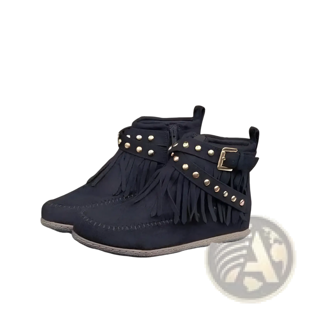 Black suede retro ankle boots with gold-tone rivet studs and fringed tassel design flat shoes