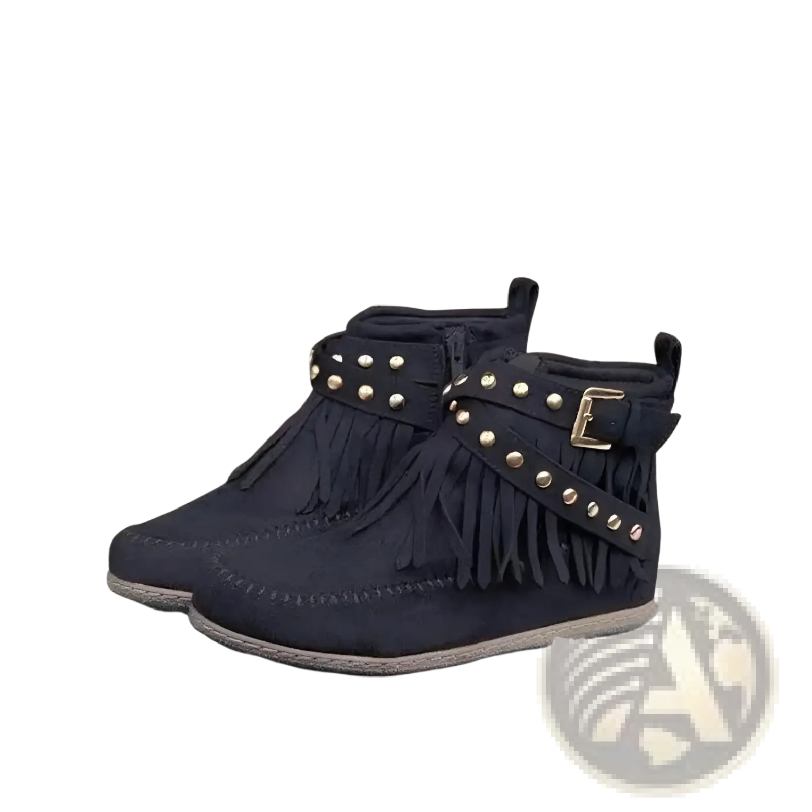 Black suede retro ankle boots with gold-tone rivet studs and fringed tassel design flat shoes