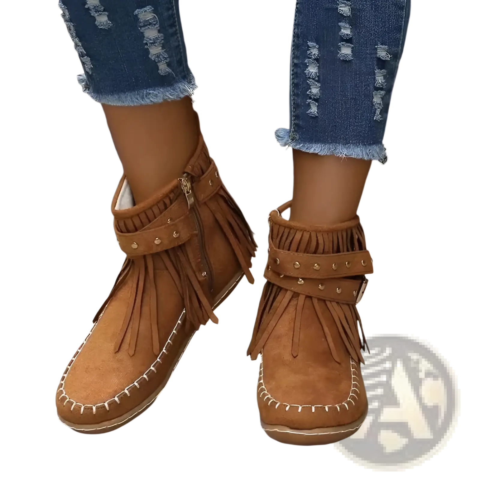 Retro ankle boots in tan suede with fringe tassels, metal studs, and white stitching flat casual shoes