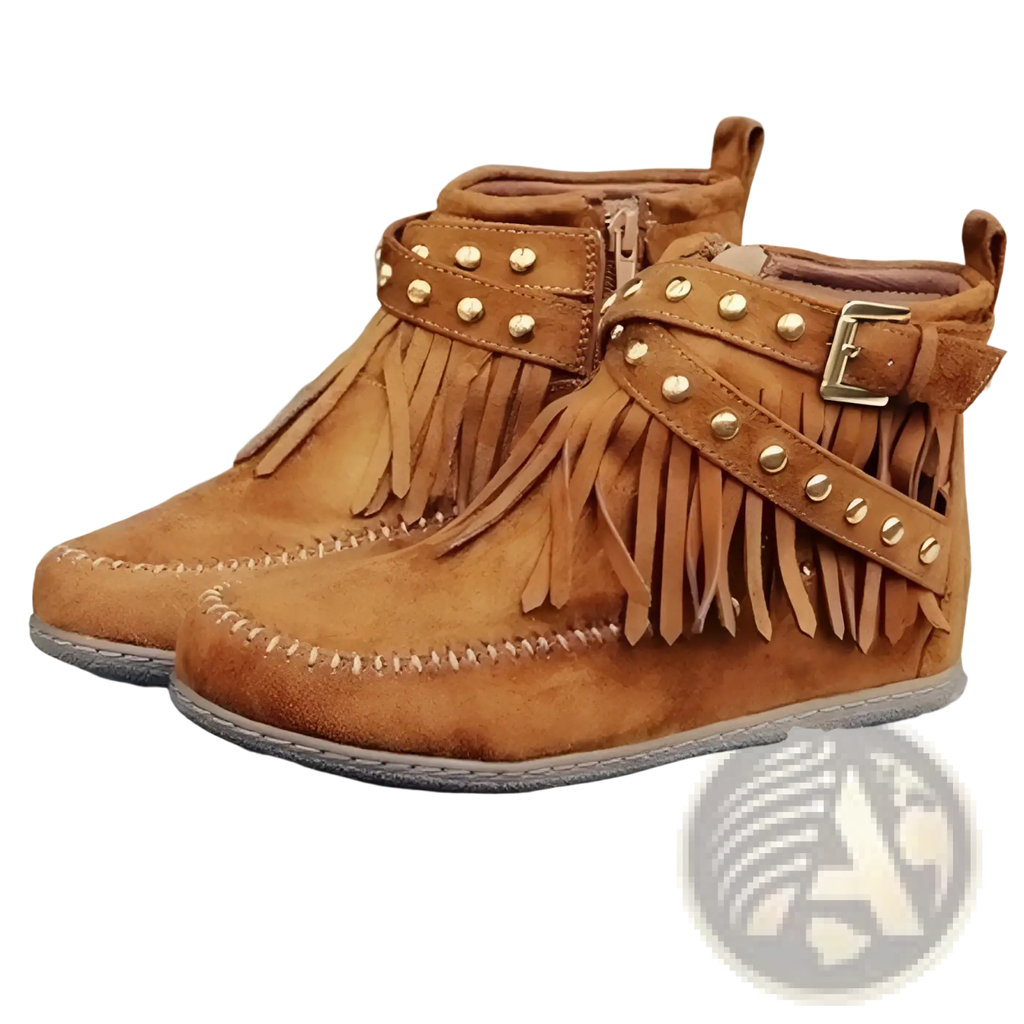 Retro ankle boots in tan suede featuring moccasin style with fringed detailing and gold-tone rivet studs