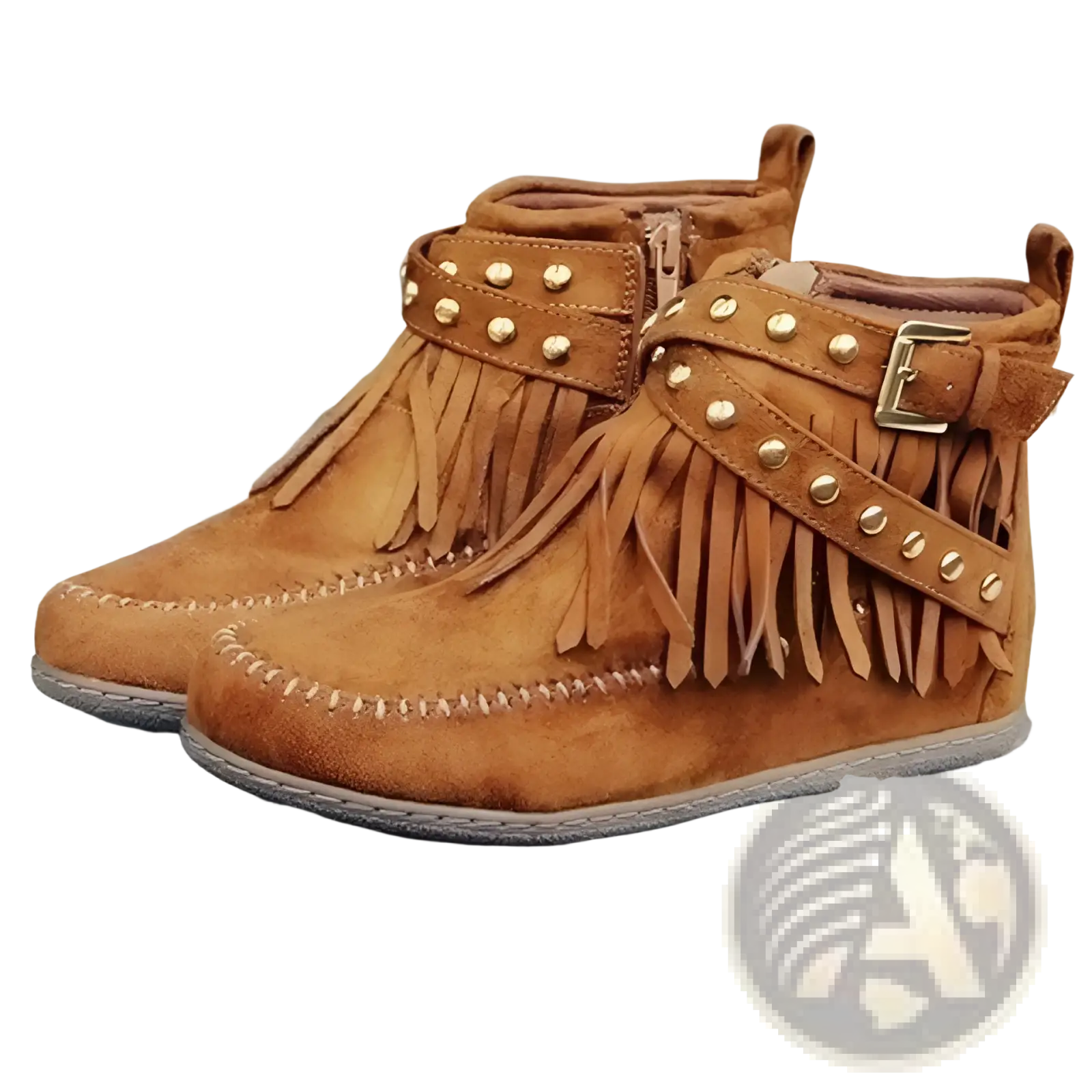 Retro ankle boots in tan suede featuring moccasin style with fringed detailing and gold-tone rivet studs