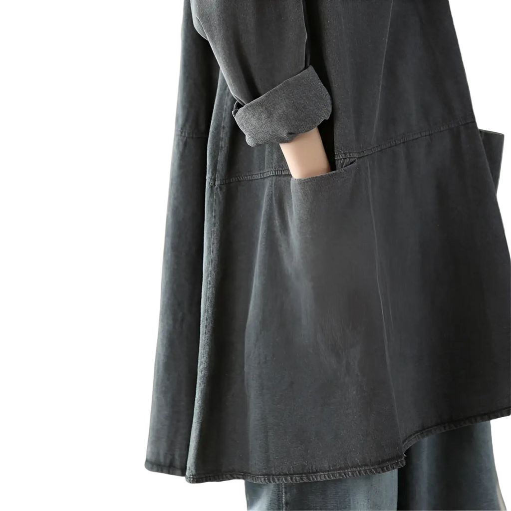 Retro artistic plus size dark gray denim tunic dress featuring a loose fit with rolled-up sleeves and asymmetrical hemline