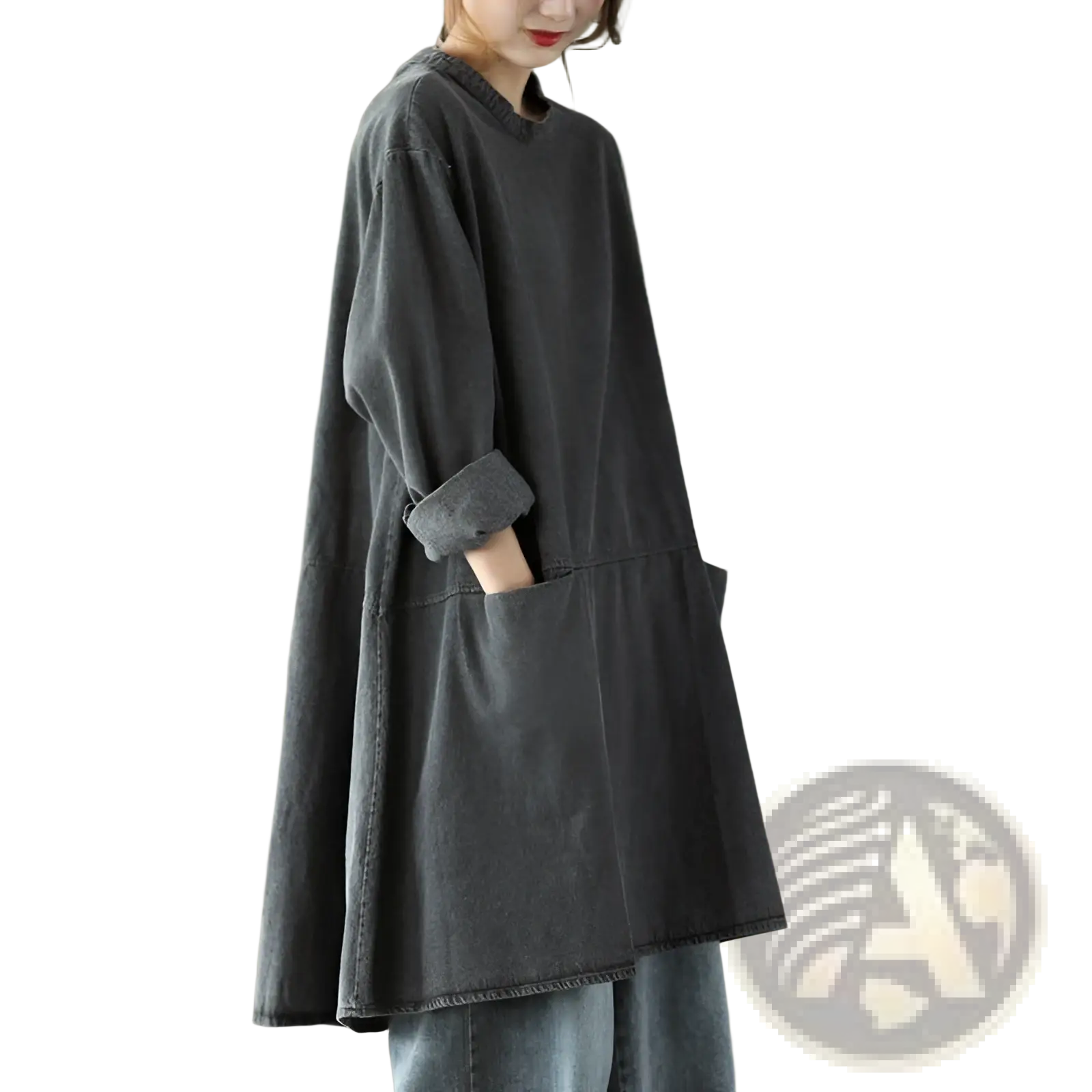 Retro artistic plus size dark gray denim tunic dress featuring loose-fitting cotton fabric with rolled-up sleeves and front pockets