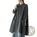 Retro artistic plus size dark gray denim tunic dress with a loose fit and two front pockets for casual wear