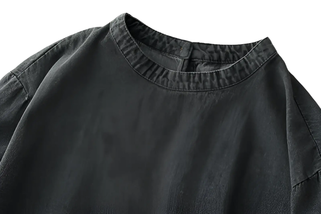 Retro artistic plus size dark gray denim tunic dress with relaxed fit ribbed crew neckline in dark gray denim fabric