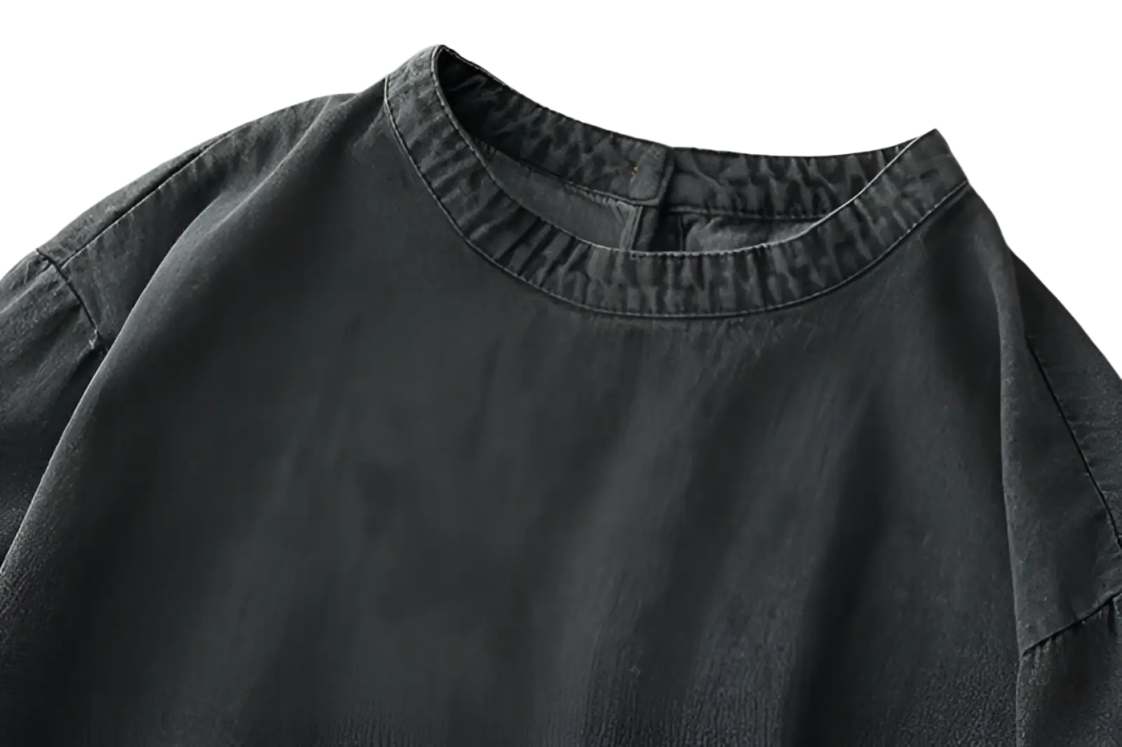 Retro artistic plus size dark gray denim tunic dress with relaxed fit ribbed crew neckline in dark gray denim fabric