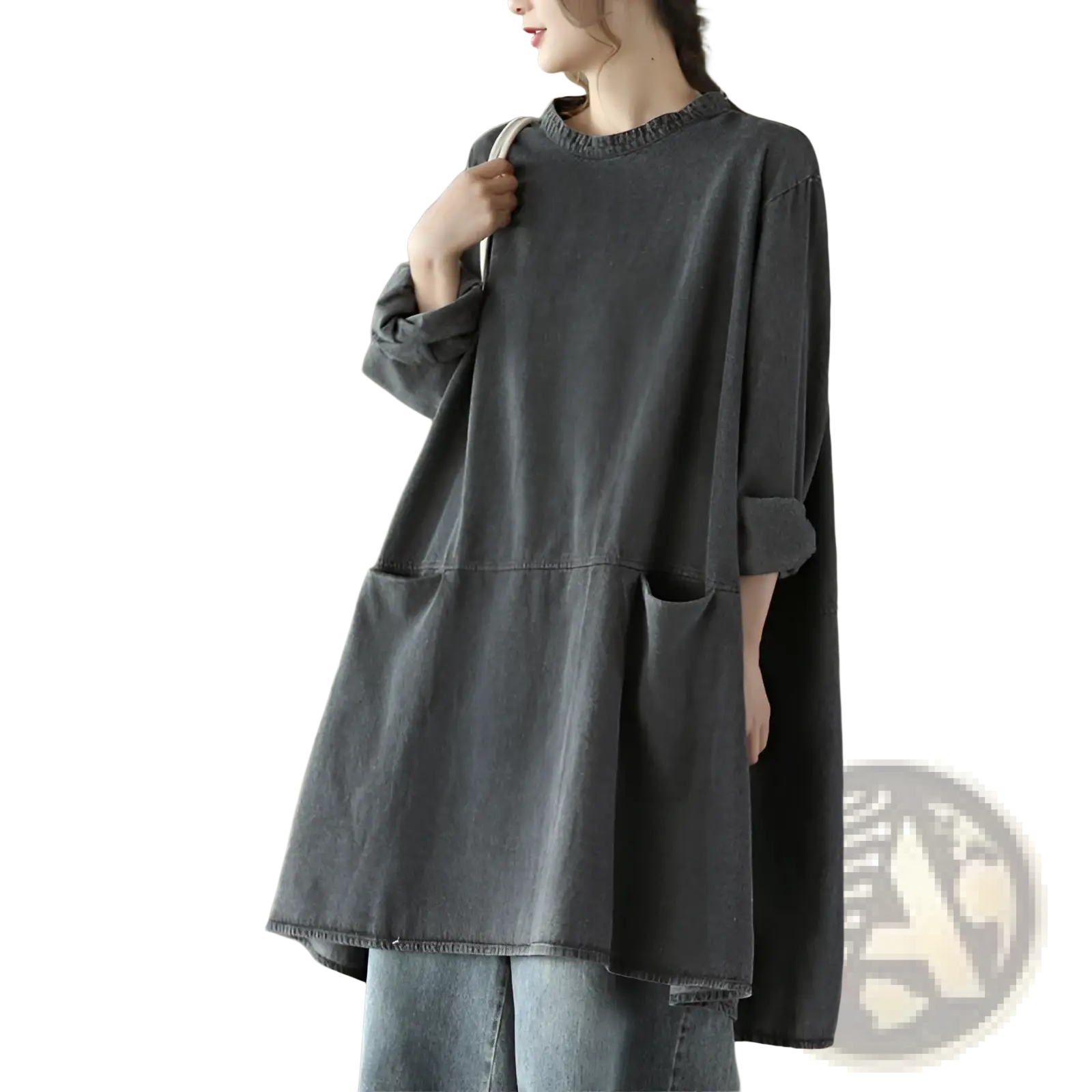 Retro artistic plus size dark gray denim tunic dress with a loose fit and two front pockets