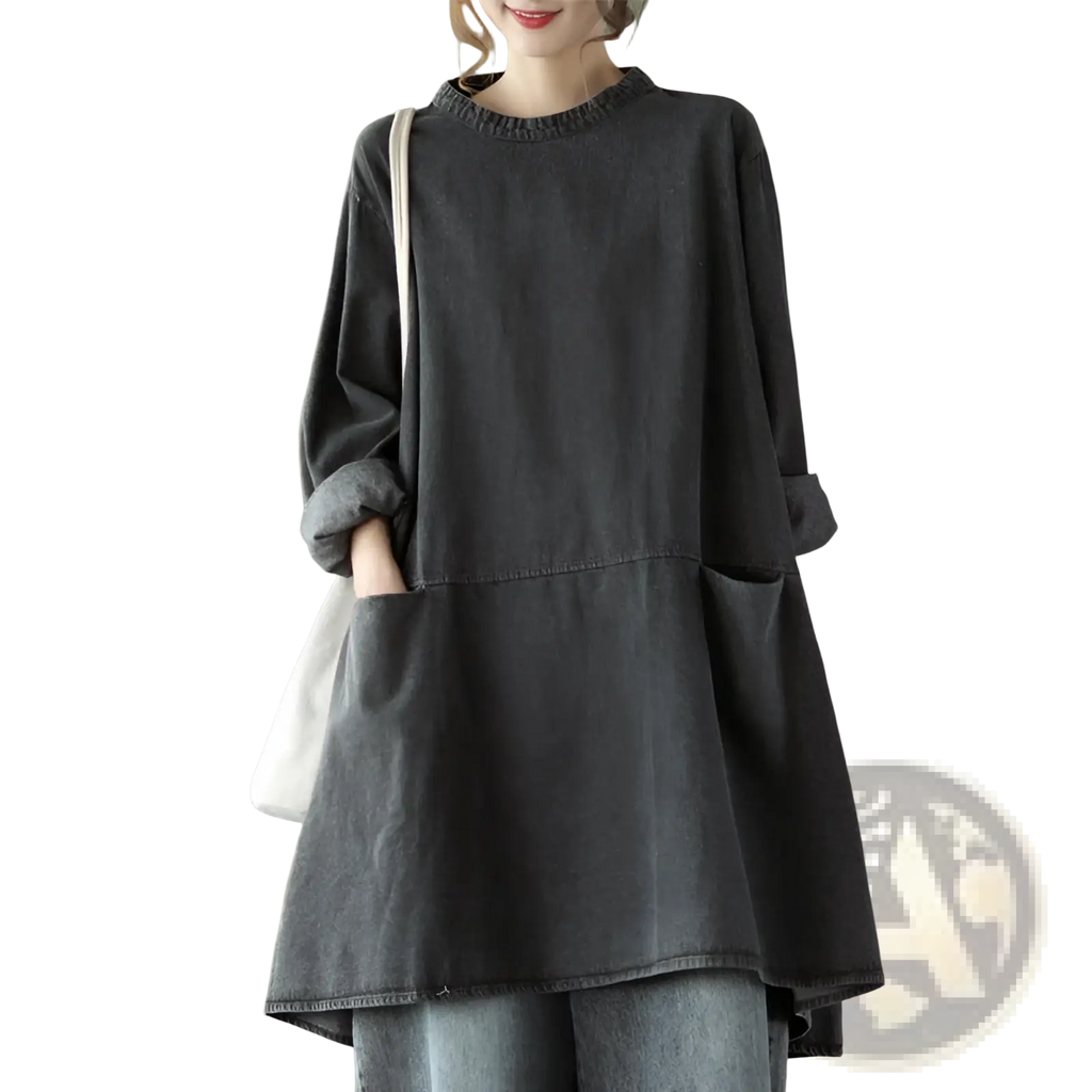 Retro artistic plus size dark gray loose-fitting denim tunic dress with rolled-up sleeves and a flared hem