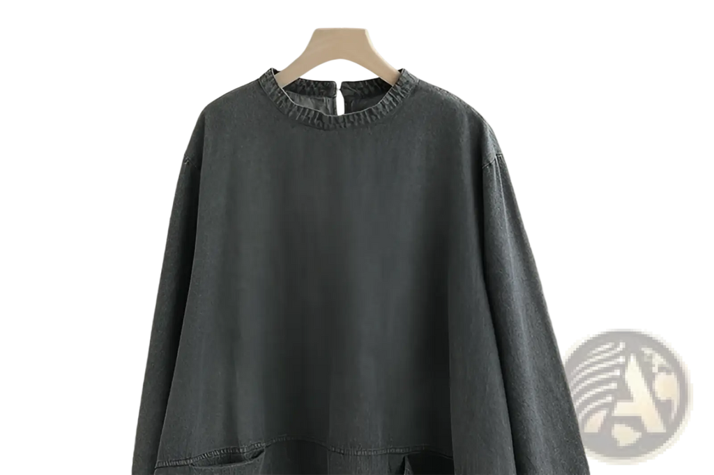 Retro artistic plus size dark gray denim tunic dress featuring a loose fit long sleeve top with ribbed crew neckline