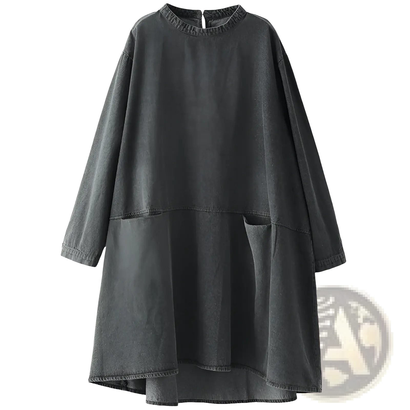 Retro artistic plus size dark gray denim tunic dress with a loose fit, high neckline, and two front pockets