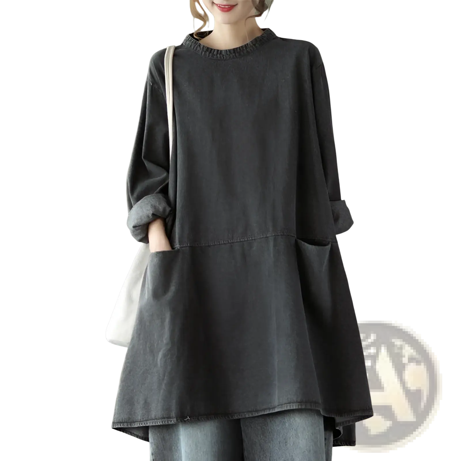 Dark gray loose-fitting denim tunic dress with rolled-up sleeves and flared hem in plus size retro style