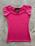 A vibrant hot pink retro boat neck cap sleeve knit top with a ’retro liquids’ brand tag at the collar