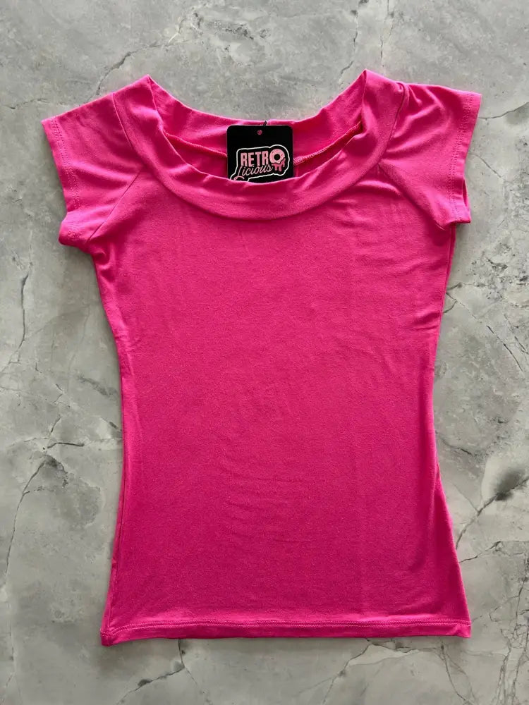 A vibrant hot pink retro boat neck cap sleeve knit top with a ’retro liquids’ brand tag at the collar