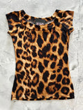 Retro leopard print boat neck top with cap sleeves featuring bold black and tan spots on stretchy fabric