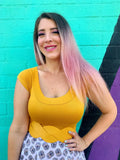 Yellow vintage mustard boat neck cropped top with cap sleeves and braided waistband detail