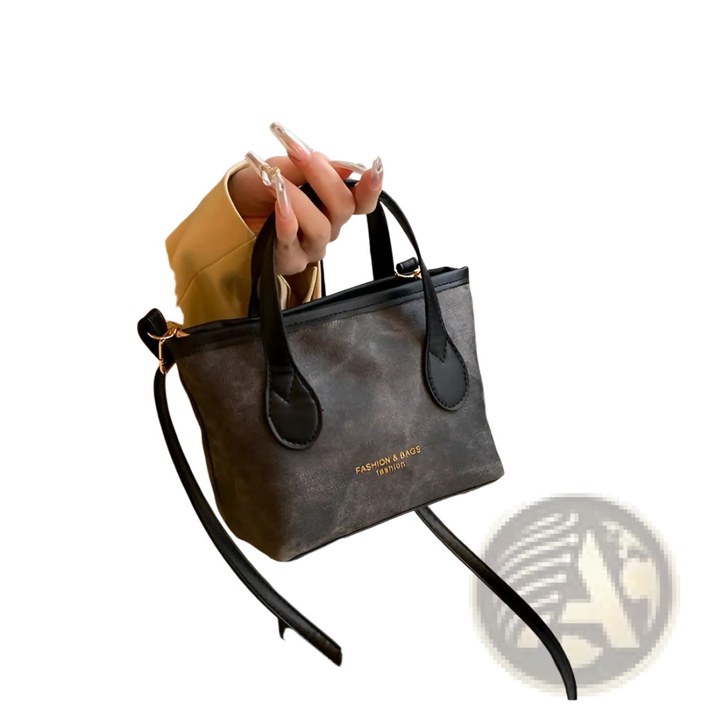 Black retro bucket bag textured canvas shoulder handbag with contrasting black leather handles and detachable strap
