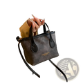 Black retro bucket bag textured canvas shoulder handbag with contrasting black leather handles and detachable strap