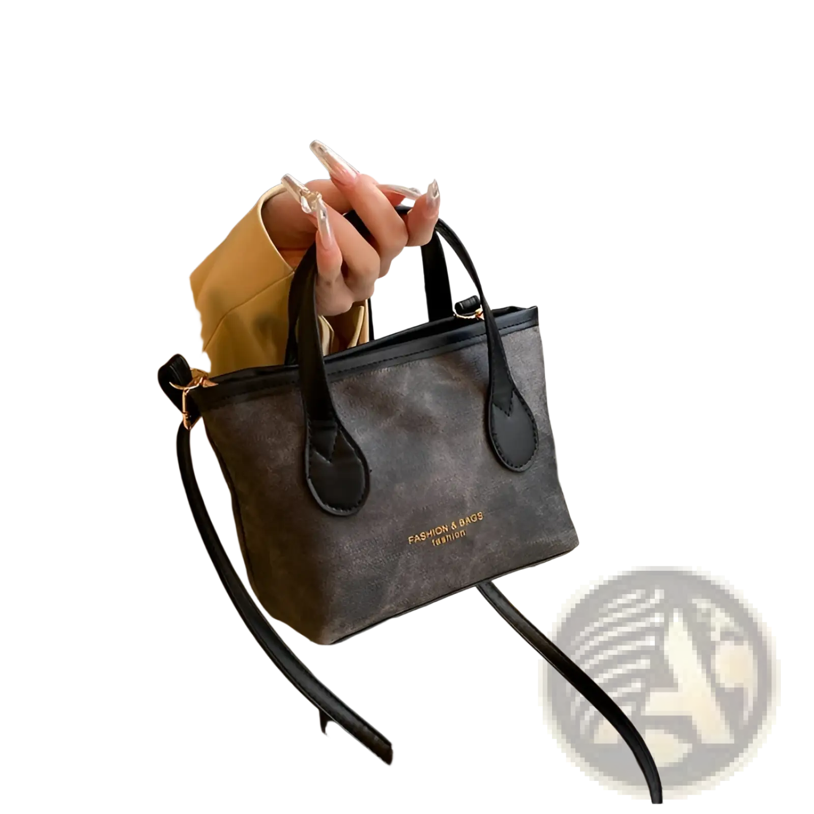 Black retro bucket bag textured canvas shoulder handbag with contrasting black leather handles and detachable strap