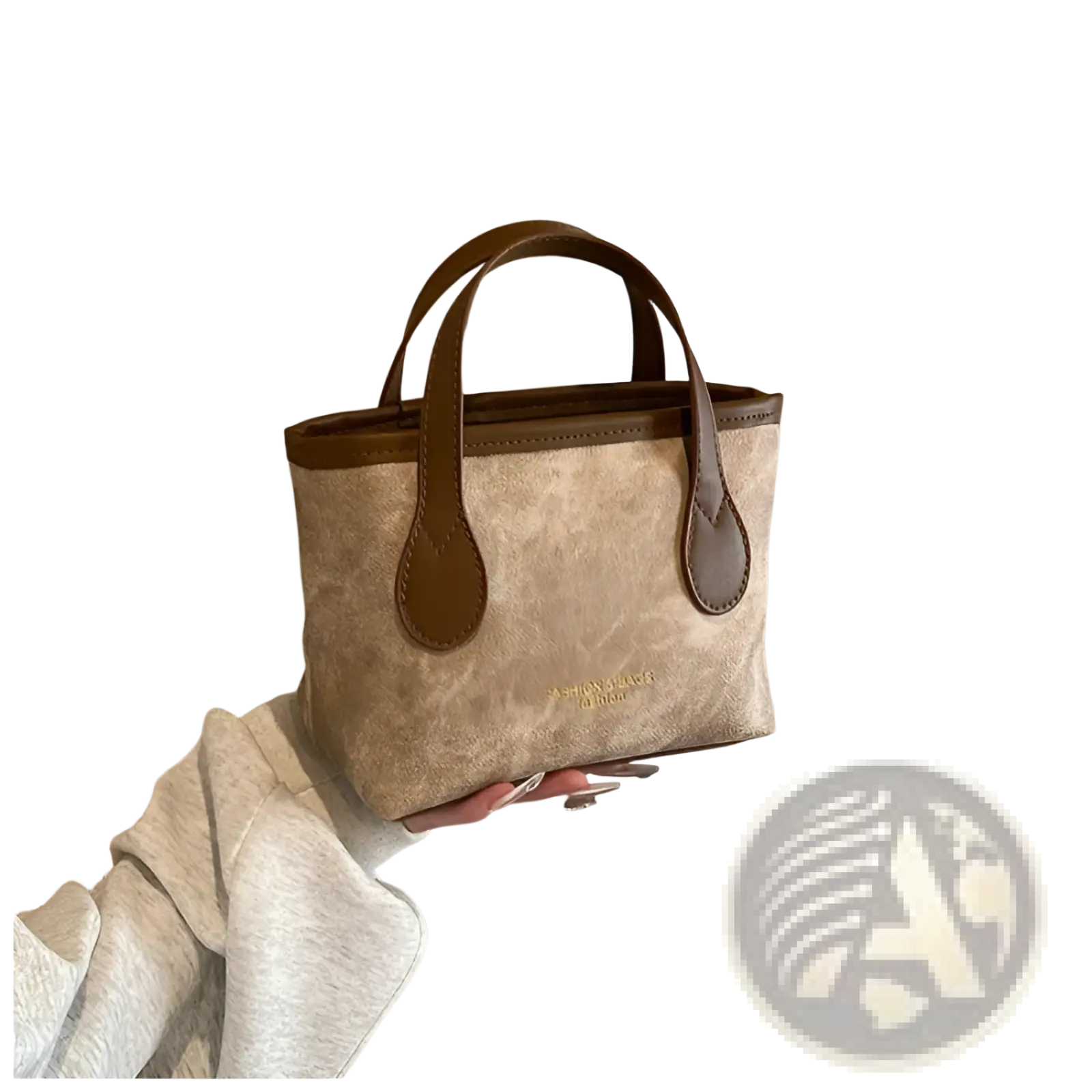 Beige canvas retro bucket bag mini tote with brown leather handles and trim for shoulder or hand use