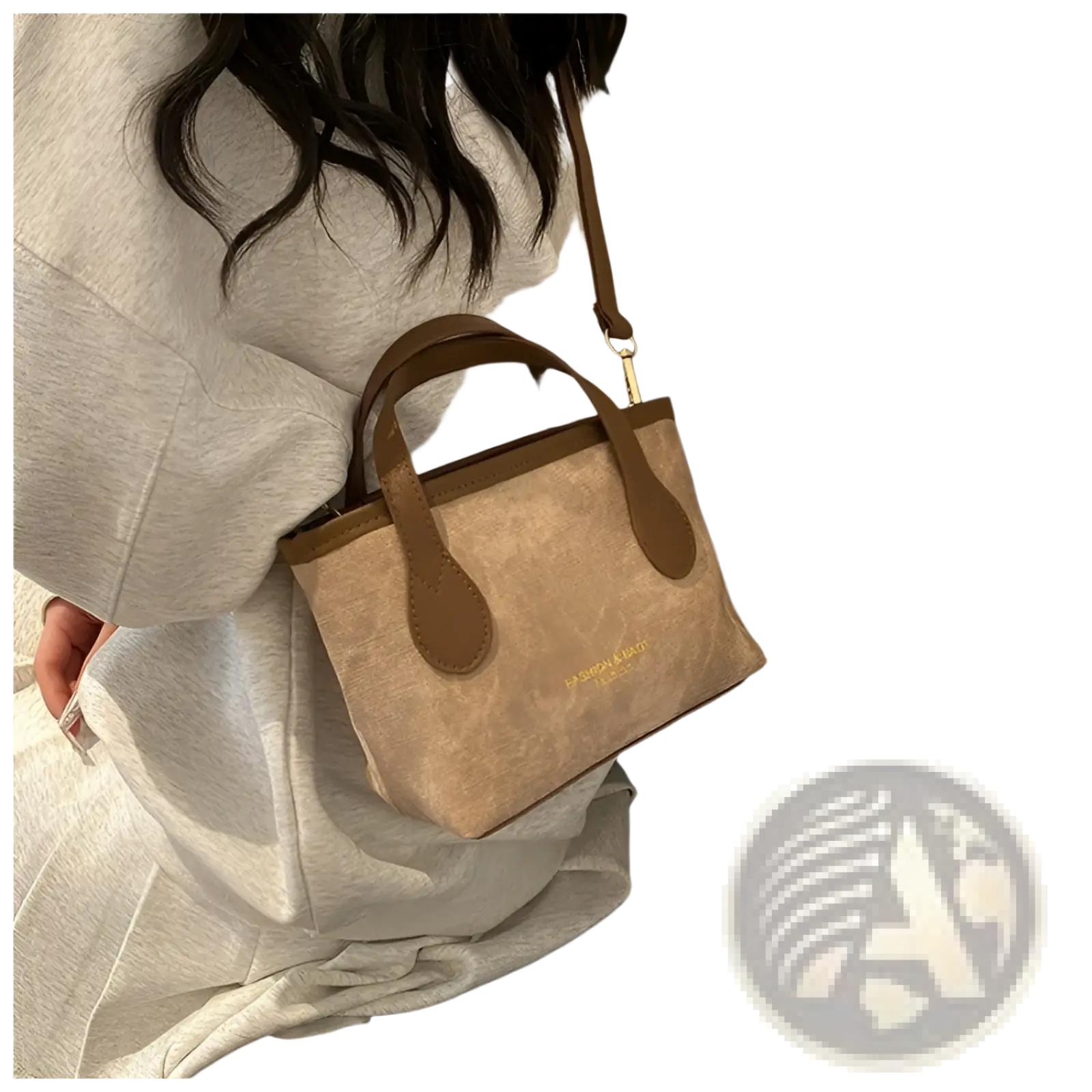 Beige canvas retro bucket bag mini tote with brown leather handles trim and subtle gold logo on the front
