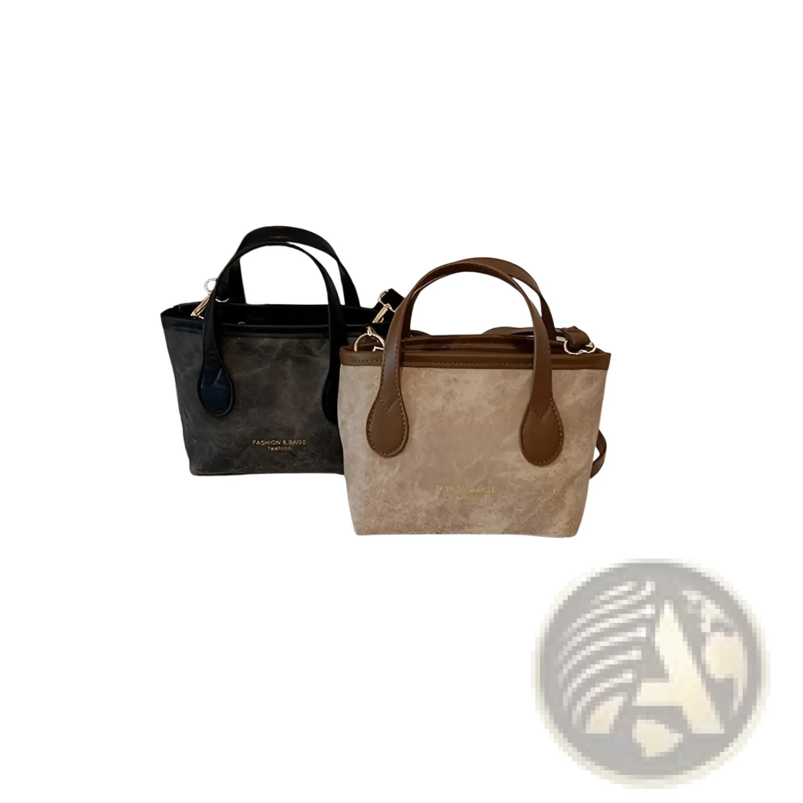Beige and brown suede retro bucket bag with textured canvas and matching leather handles for shoulder wear