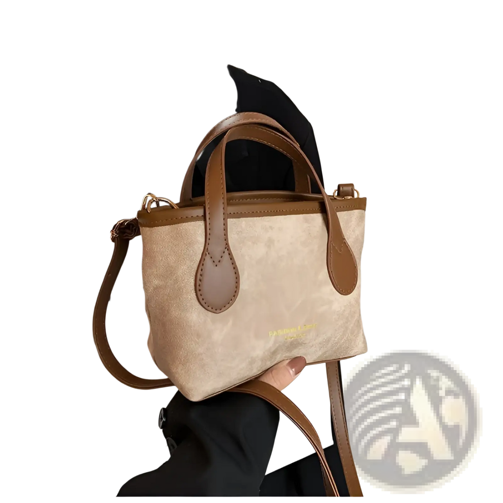 Retro bucket bag textured beige canvas handbag with brown leather handles and trim for shoulder use