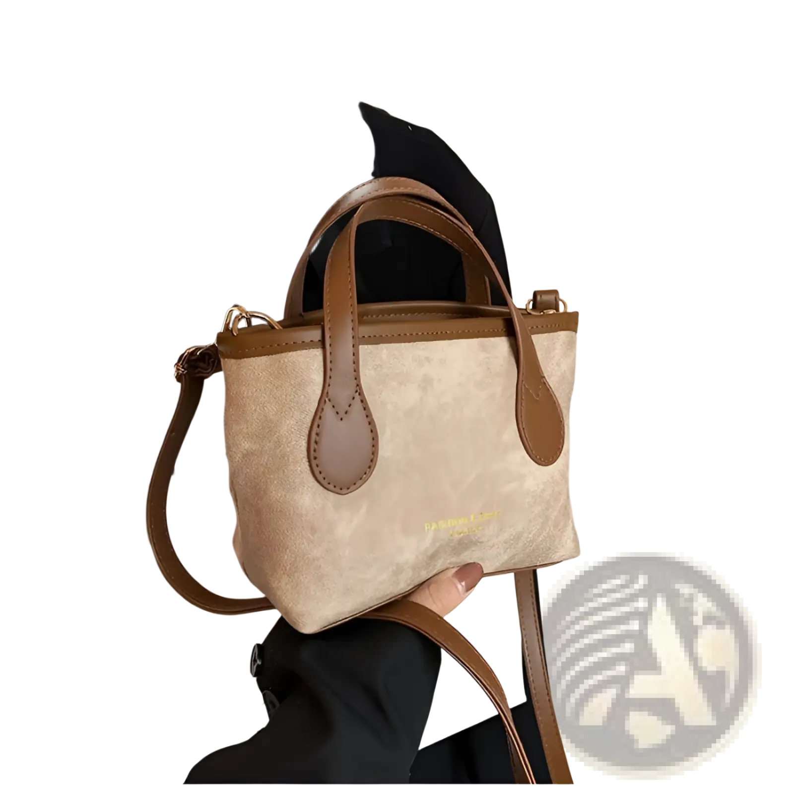 Retro bucket bag textured beige canvas handbag with brown leather handles and trim for shoulder use