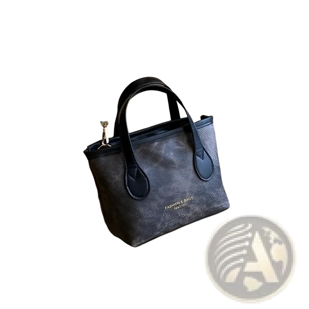Black retro bucket bag textured canvas shoulder handbag with black leather handles and subtle gold logo on front