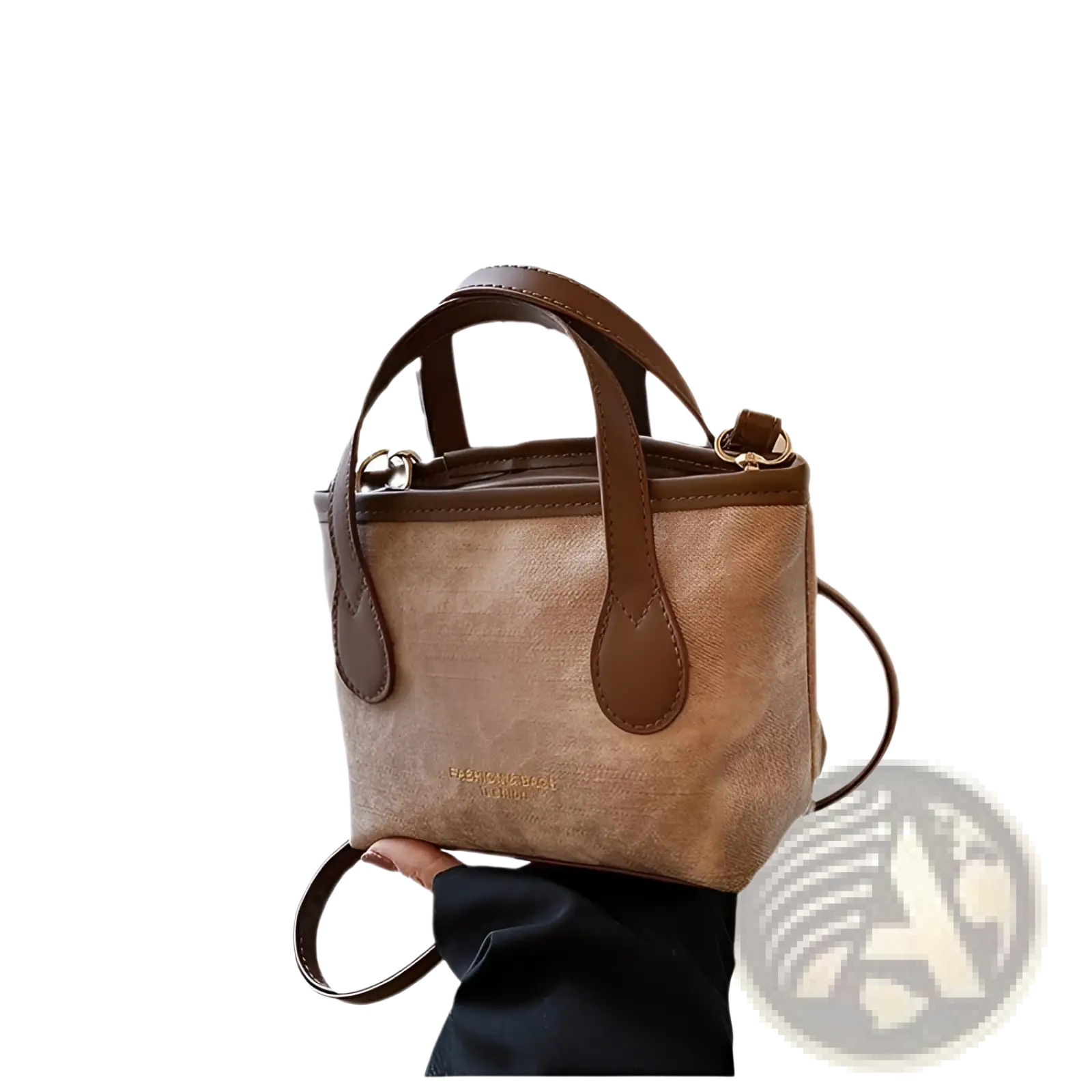 Retro bucket bag textured canvas shoulder handbag in brown with matching leather handles and detachable strap with gold lettering