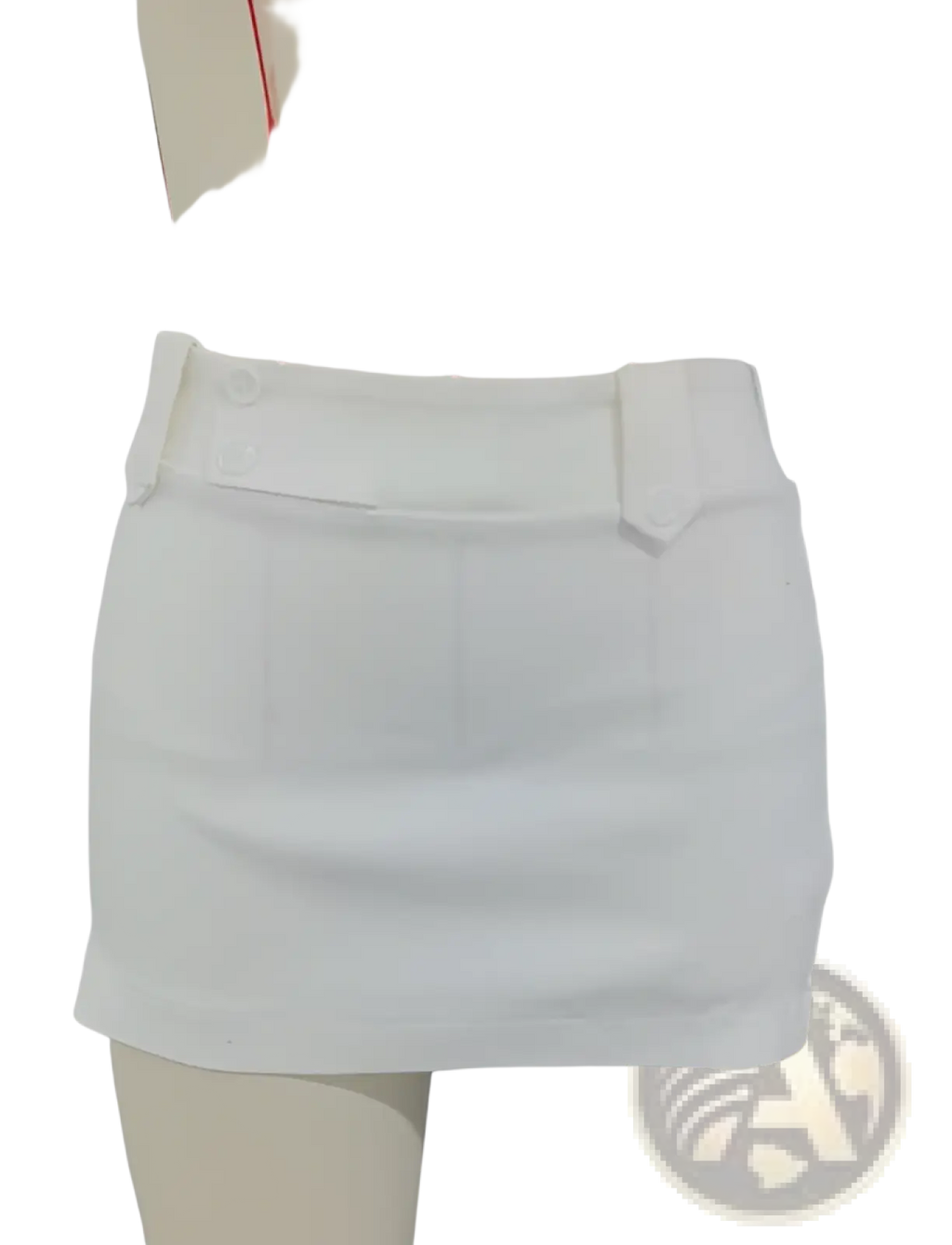 White retro button trimmed mini skirt with buttoned waistband and clean tailored design perfect for stylish occasions