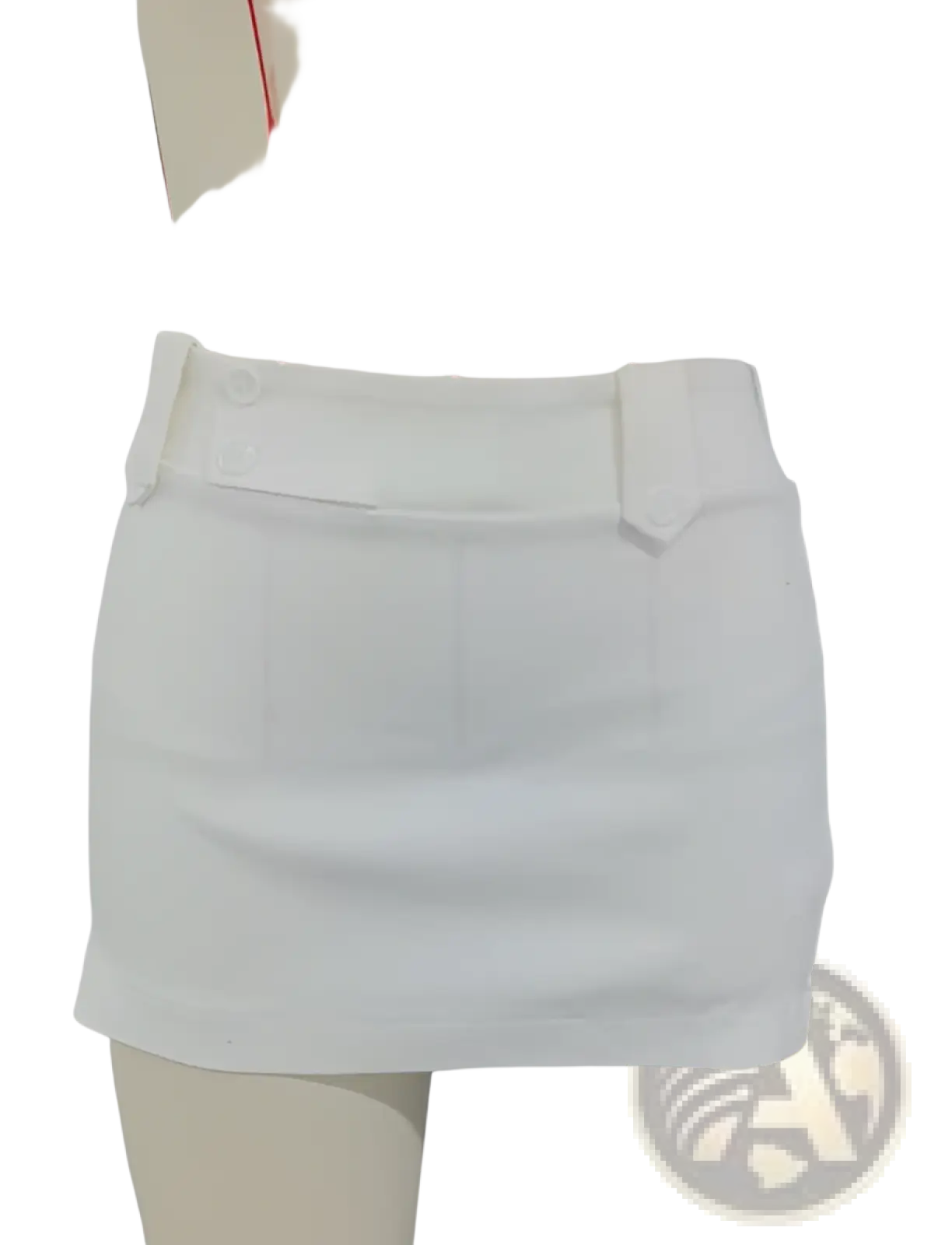 White retro button trimmed mini skirt with buttoned waistband and clean tailored design perfect for stylish occasions