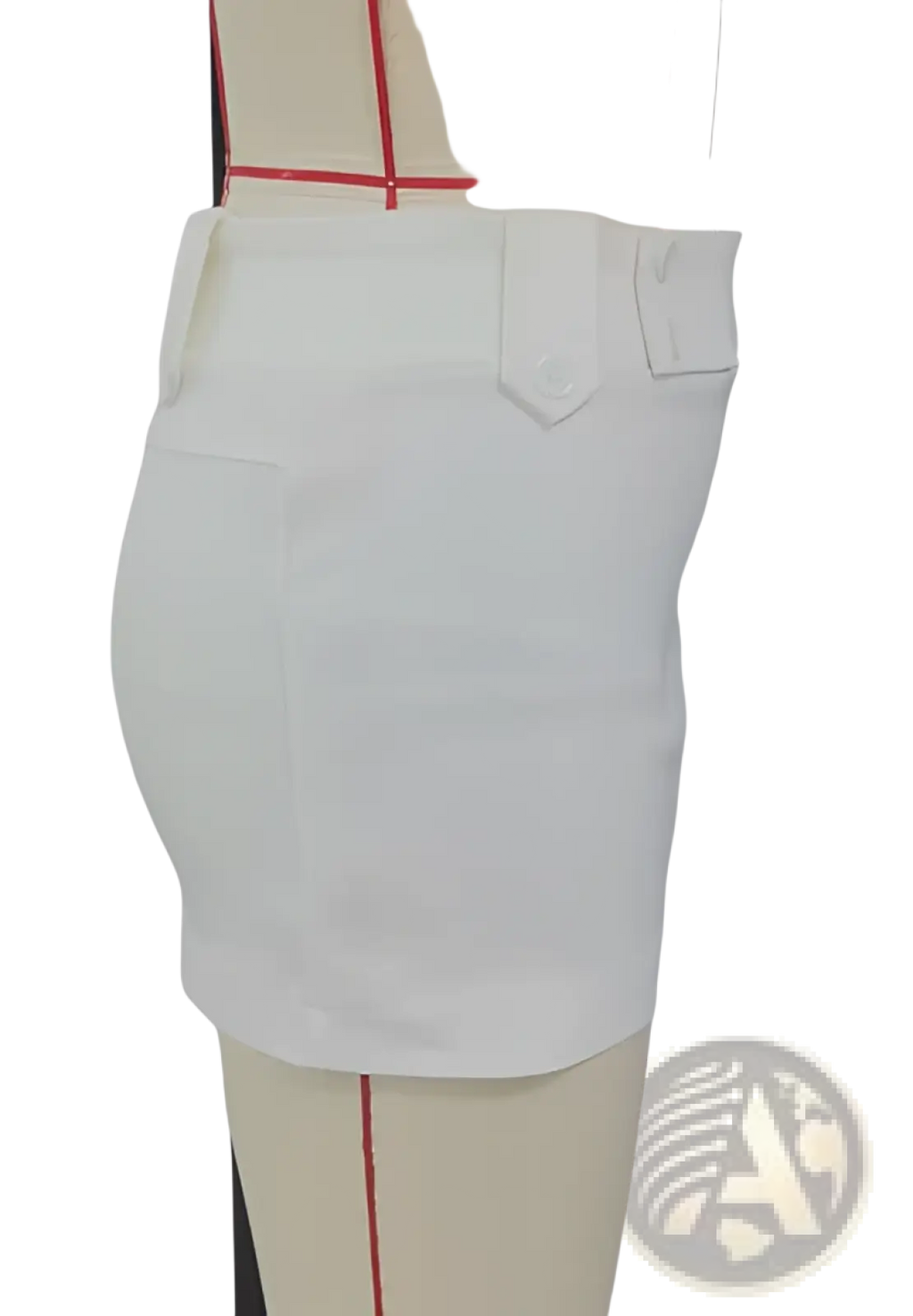 White high-waisted retro button trimmed mini skirt with tailored fit and two front flap pockets