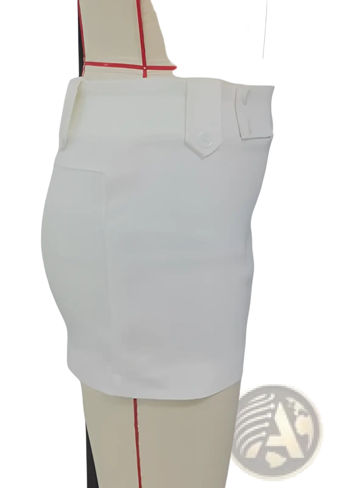 White high-waisted retro button trimmed mini skirt with tailored fit and two front flap pockets