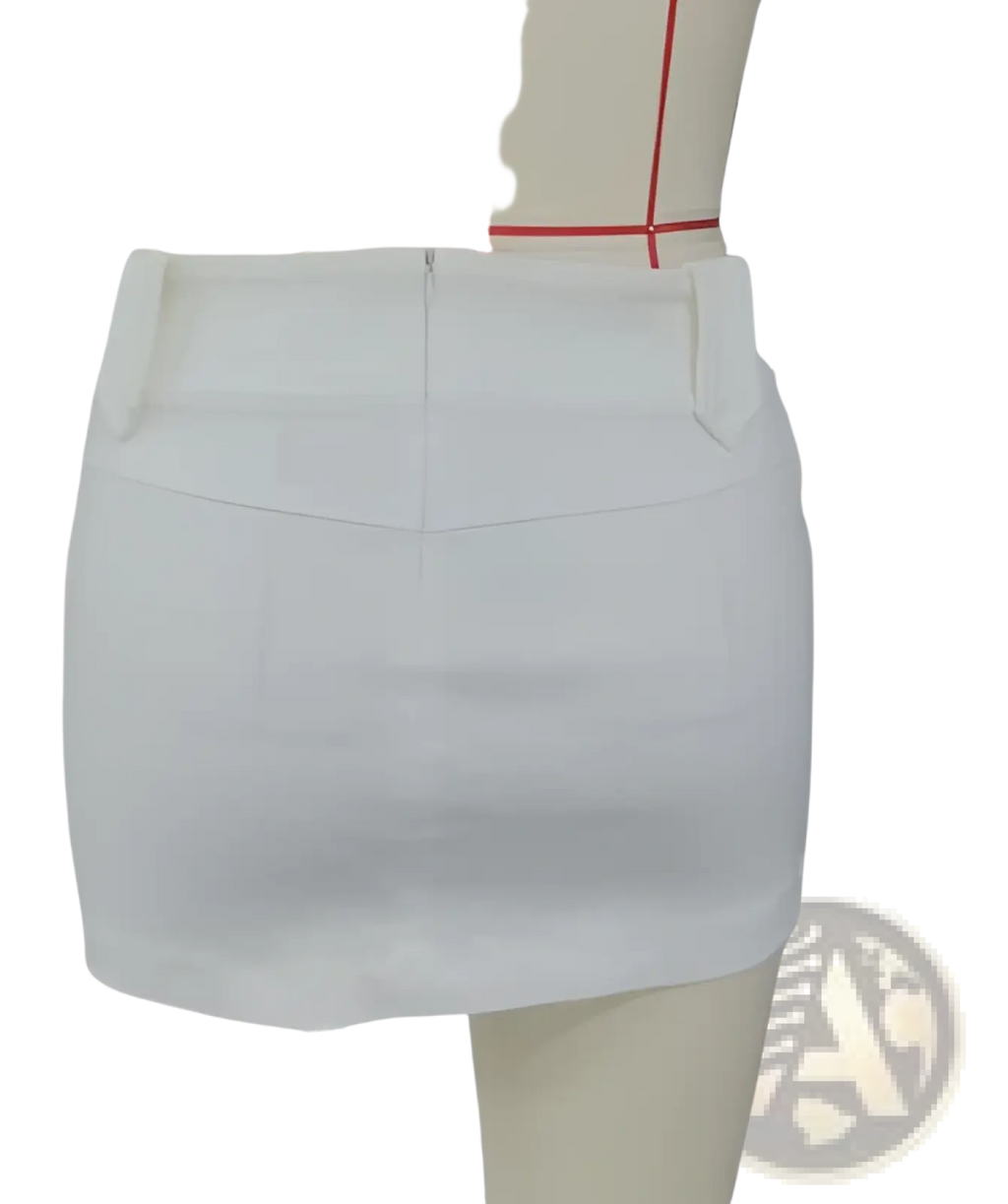 White high-waisted mini skirt with structured waistband and front zipper closure in retro button trimmed style