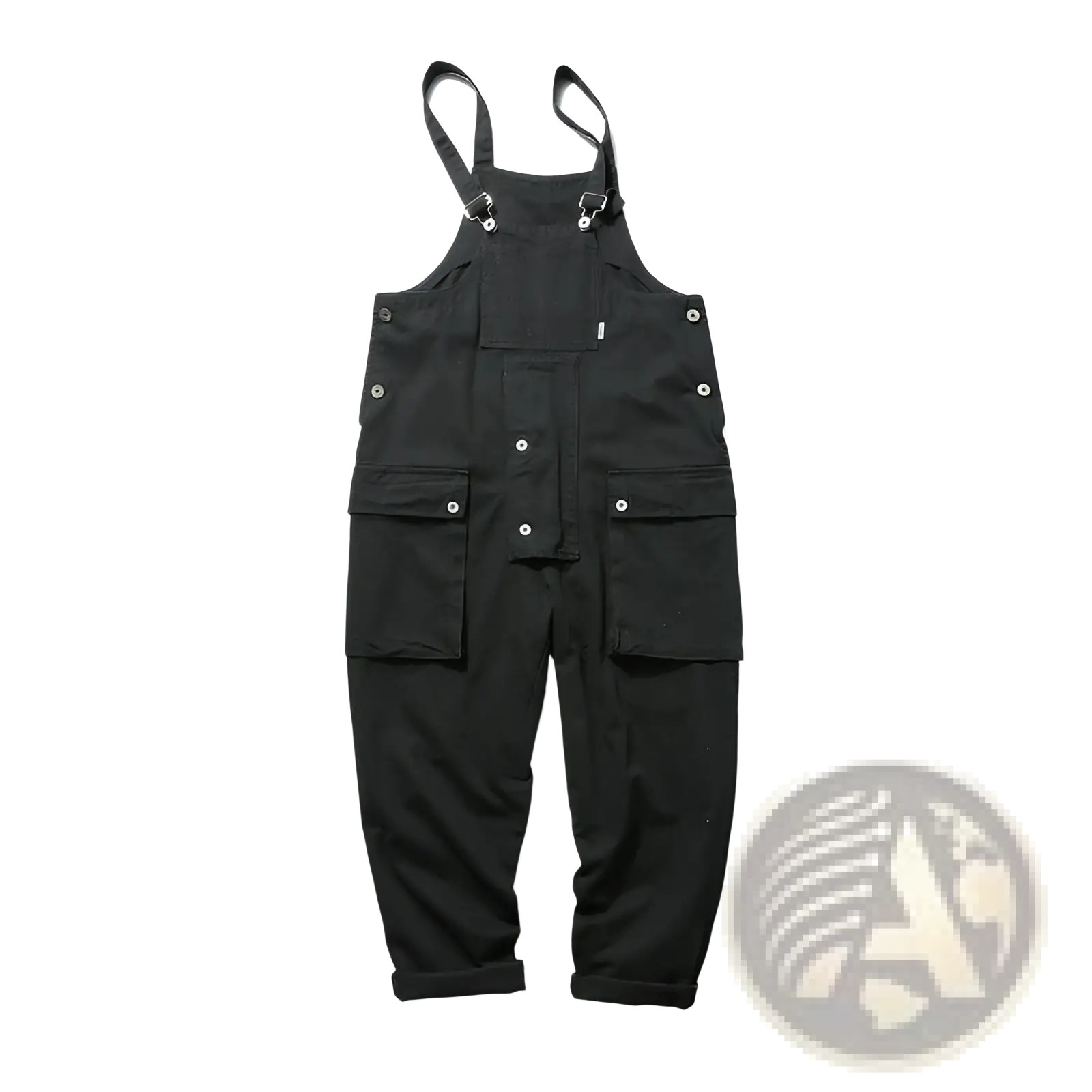 Black canvas retro cargo overalls with multiple pockets and silver toned hardware for durable workwear
