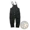 Black canvas retro cargo overalls with multiple pockets and silver toned hardware for durable workwear