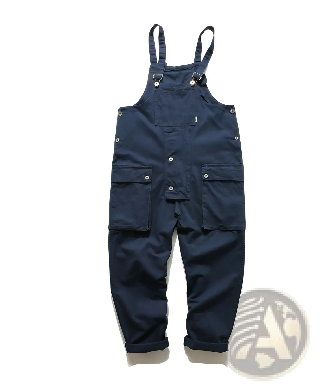 Navy blue cotton retro cargo overalls with adjustable straps and multiple pockets for work use