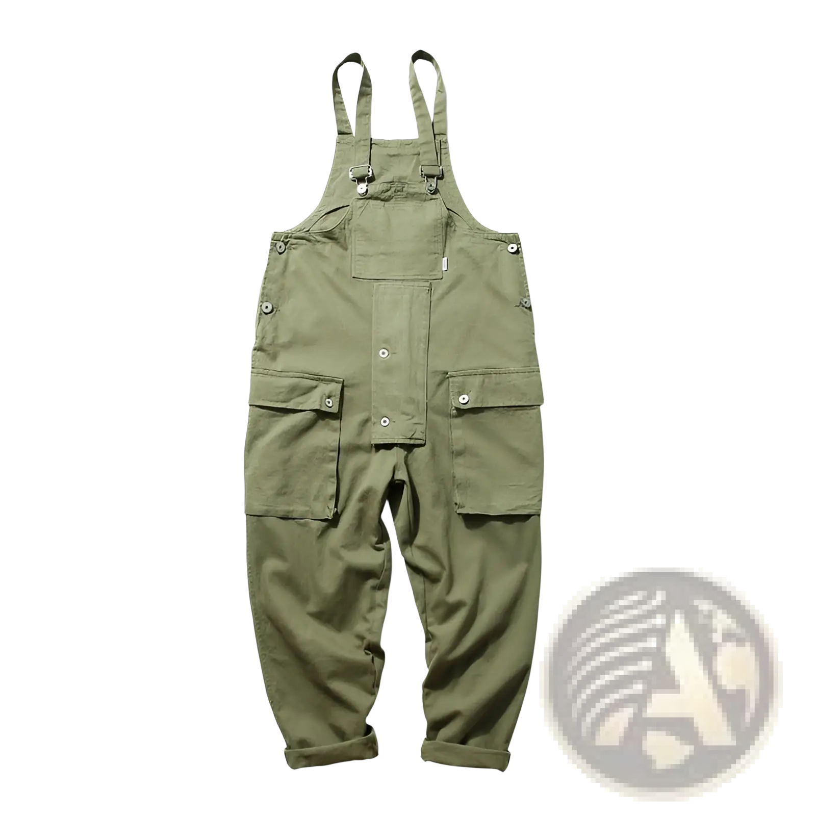 Olive green canvas retro cargo overalls with multiple pockets and adjustable straps for workwear use