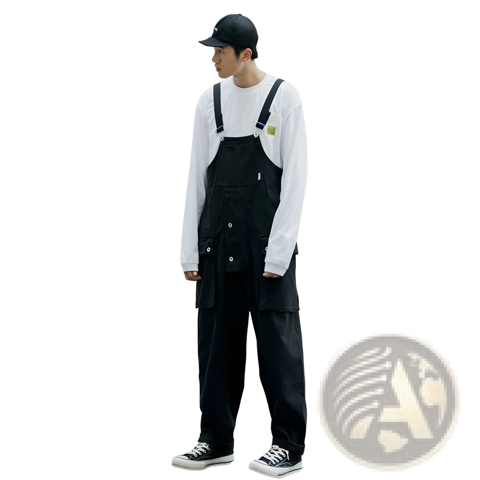 Black denim retro cargo overalls with adjustable straps and multiple pockets worn over a white long-sleeved shirt